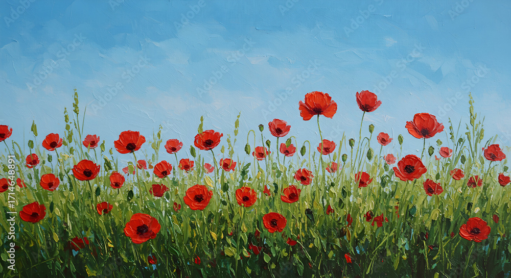 Fototapeta premium A vibrant oil painting depicting a field of red poppies under a clear blue sky with expressive brushstrokes.