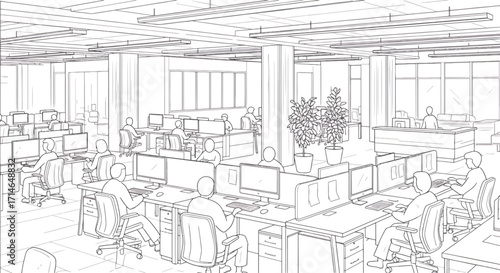 Hand-drawn sketch of large open office space with multiple desks, employees working, and structural columns representing collaborative business design.