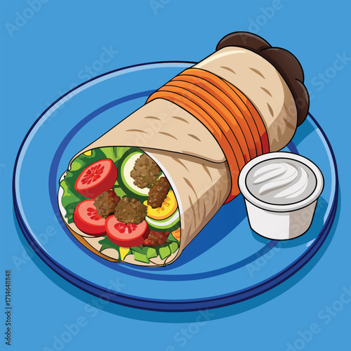 Delicious shawarma wrap with fresh vegetables and sauce on a blue plate
