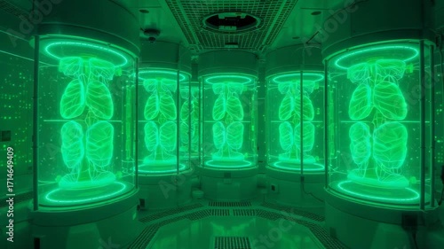 Futuristic Green Technology Room with Glowing Cylinders and Advanced Equipment.