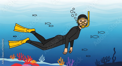 Scuba diver exploring underwater ocean life with coral reef and fish in deep sea adventure activity trip vacation