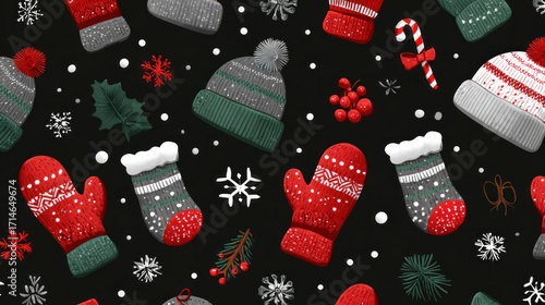 Christmas pattern wallpaper background design vector illustration of seamless stockings, hats, gloves, and snow