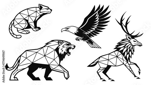 Birds of Prey Geometric Vector Icon Set – Eagle, Falcon, Owl, Hawk, Vulture and More in Polygonal Low-Poly Style, Modern Sticker Pack for Logos, Gaming and Branding