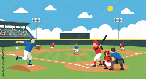 Baseball game vector illustration featuring pitcher batter and fielders in a stadium under a blue sky day scene