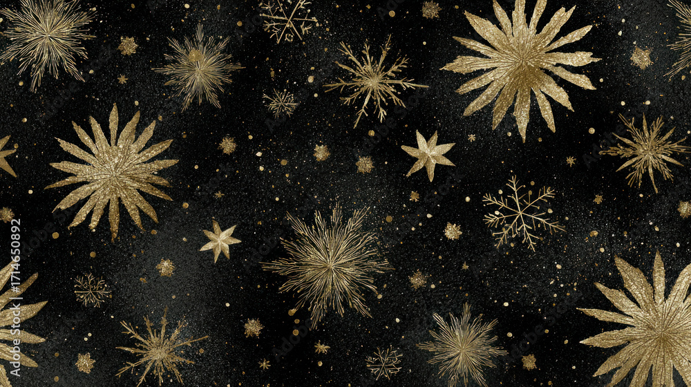 Fototapeta premium A winter festive design featuring gold glitter and gleaming snowflakes. 