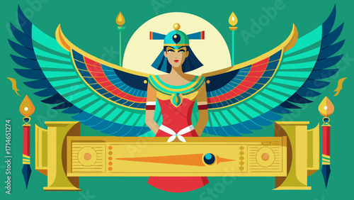 Stylized egyptian goddess with wings and hieroglyphic altar