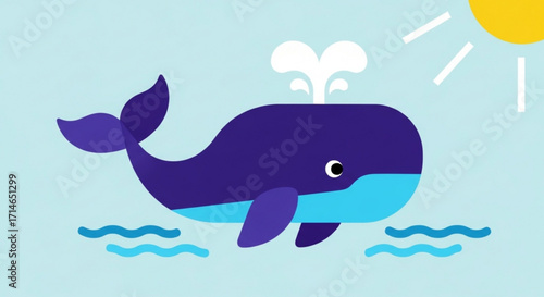 Whale illustration vector graphic design of ocean animal with water spout and sun for kids learning art