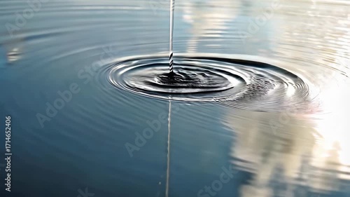 transparent water droplet falls onto the calm surface of a serene pond