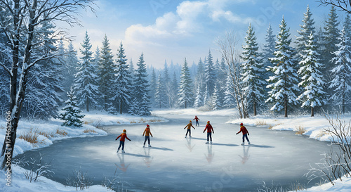 Children ice skating on a frozen pond surrounded by snow-covered pine trees in a beautiful winter landscape.