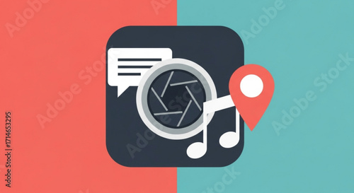 Creative photography app icon design with location, music and chat features for social media use