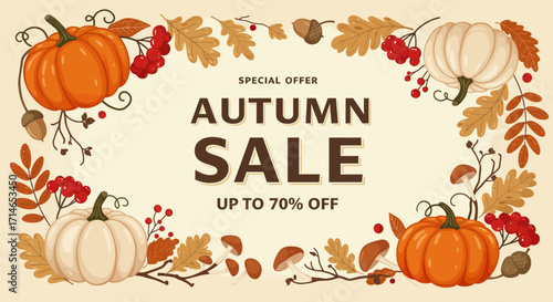 Autumn sale banner with pumpkins, leaves, and berries.  Up to 70% off.
