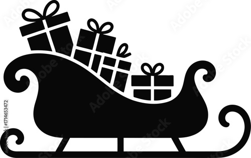Black silhouette of sleigh filled with gifts presents