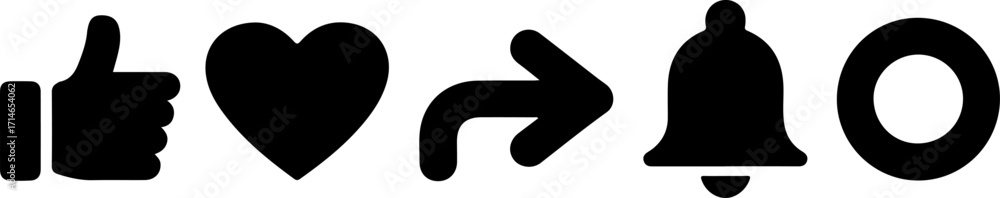Obraz premium Social media engagement icons a thumbs up, heart, share arrow, and notification bell on a white background, representing likes, appreciation, distribution, and alerts for online interaction