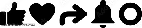 Social media engagement icons a thumbs up, heart, share arrow, and notification bell on a white background, representing likes, appreciation, distribution, and alerts for online interaction