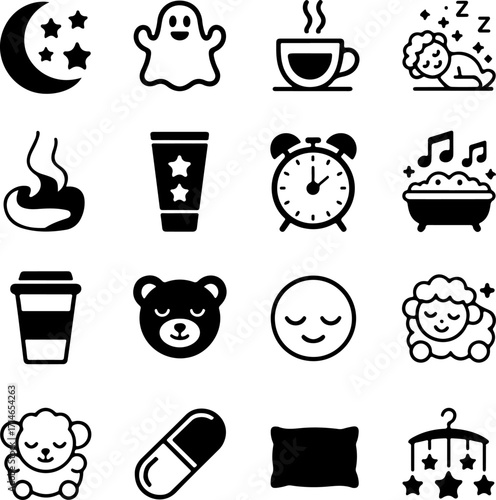 Collection of sleep-related icons, including a ghost, coffee cup, alarm clock, sheep, pillow, and bathtub, symbolizing rest and relaxation