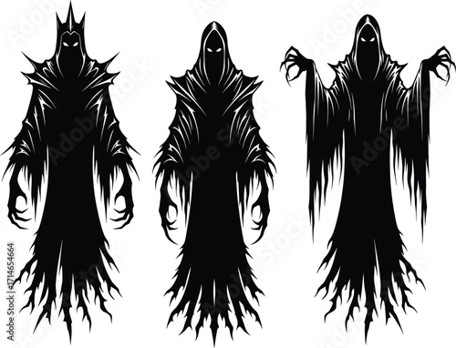 Dark wraith silhouette, haunted ghost spirits, evil cloaked figures, fantasy horror characters, shadowy monsters, supernatural beings, spooky vector illustration, eerie design