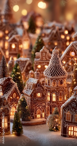 Gingerbread Christmas village with houses and lights holiday decoration