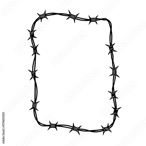 Hand-drawn vertical barbed wire frame. Cartoon illustration for themes of danger, prison, or conflict, isolated on a white background.
