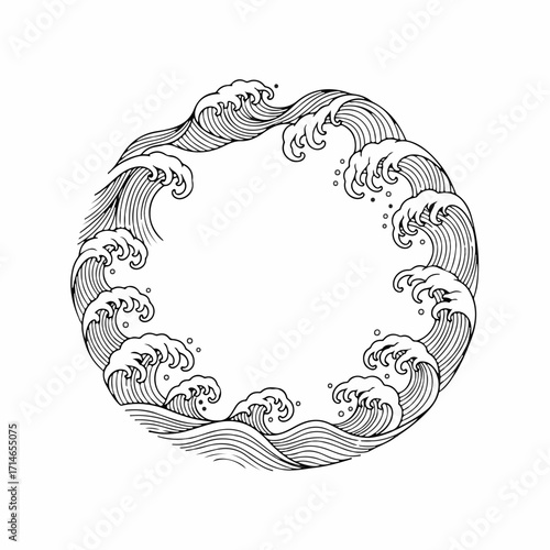 Traditional Japanese style ocean waves in a circular frame. Hand-drawn oriental sea illustration with a vintage, artistic feel, isolated on a white background.