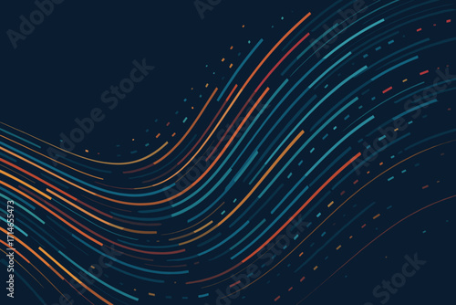 Abstract wave pattern with flowing lines in blue, orange, and red on a dark background