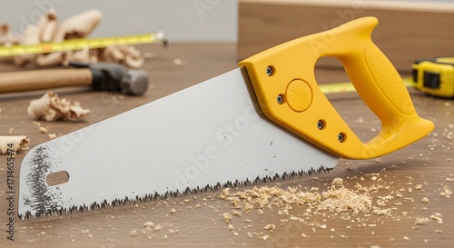 A sharp hand saw with a yellow handle lies on a workbench surrounded by wood shavings, essential for woodworking, carpentry, and DIY projects requiring precise and manual cutting of wood.


