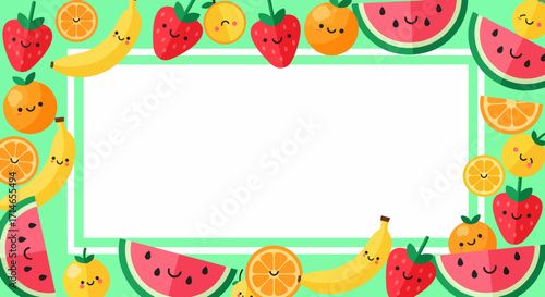 Cute kawaii fruit frame with happy smiling watermelon, strawberry, banana, and orange characters. Playful summer border for kids on a green background with copy space.