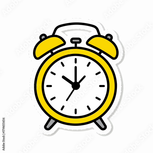 Cute yellow alarm clock sticker in a simple doodle style. Hand-drawn cartoon vector illustration of a classic twin bell clock for concepts like waking up, mornings, and deadlines, isolated on a white 