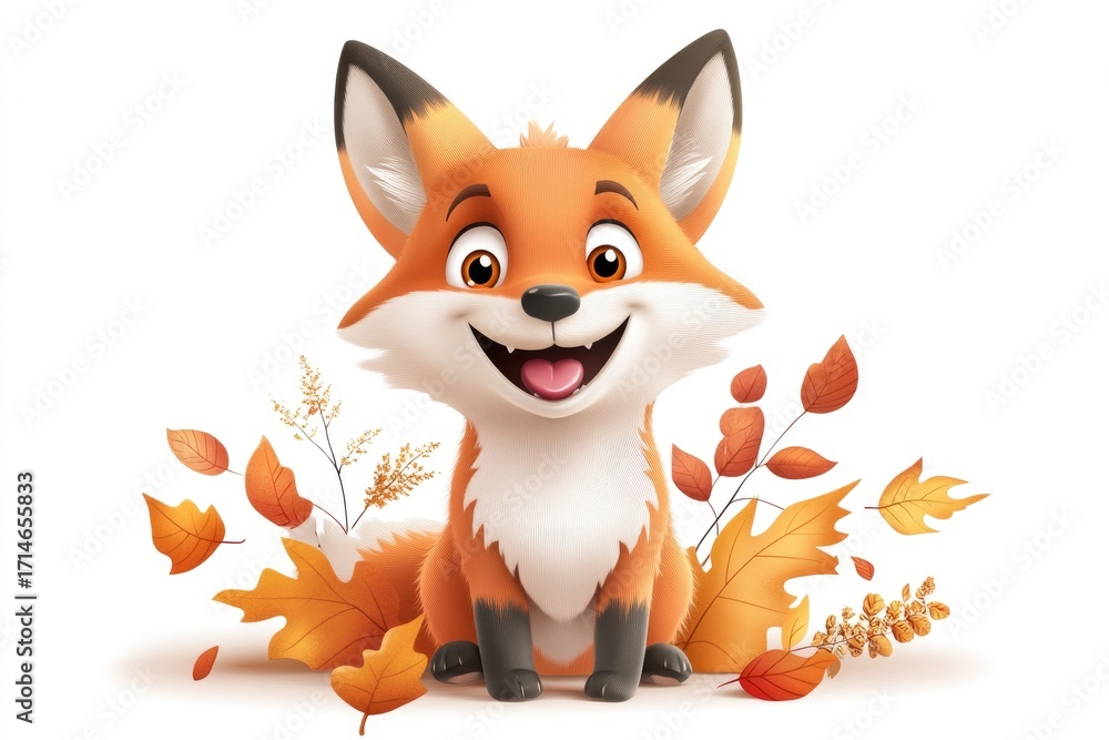 Obraz premium Cute cartoon fox sitting among colorful autumn leaves