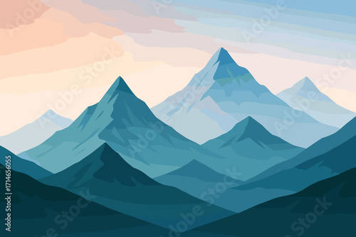 Stylized mountain landscape with gradient sky and layered blue peaks