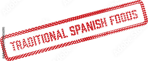 Text expressing traditional Spanish foods set within a polka dot rectangle on a white background