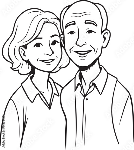 Parents Mature Couple Grandparents Man and Woman Hand-drawn Vector Illustration, Sketch Drawing Doodle Line Linear Symbol Engraving Coloring Book, Black and White Isolated