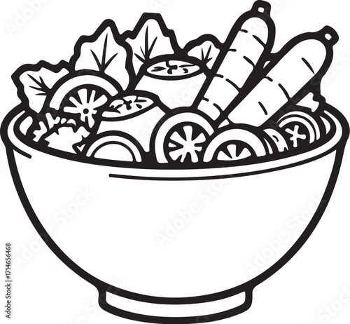 Vegetables Vegetable Salad in Bowl Hand-drawn Vector Illustration, Sketch Drawing Doodle Line Linear Symbol Engraving Coloring Book, Black and White Isolated