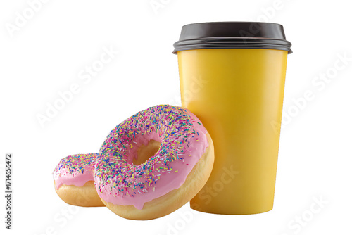 Pink frosted donuts with colorful sprinkles and takeaway coffee cup, sweet pastry breakfast snack combination, fast food dessert and drink, isolated on white background