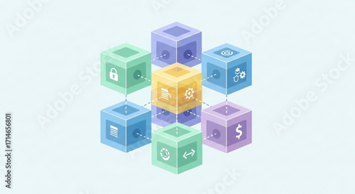 Understanding blockchain technology concept with connected cubes and icons for secure transactions