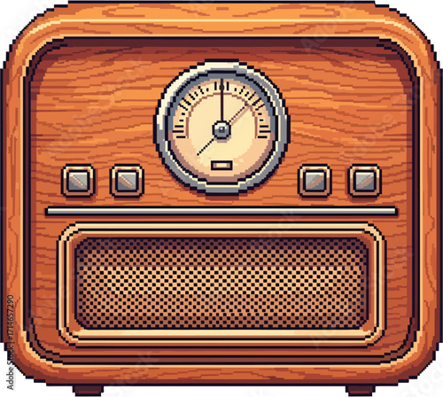 Pixelated illustration of a vintage wooden radio with a circular dial and speaker grill.