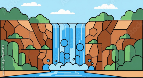 Scenic waterfall landscape illustration with rocky cliffs trees and clouds in a cartoon style design vector