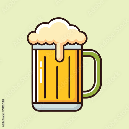 Cartoon Illustration of Refreshing Beer Mug with Foam on Orange Background