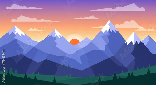 Mountain landscape vector illustration with sunset background for travel and nature related designs