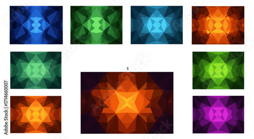 Arrangement of nine polygonal designs in varying color gradients hues