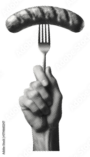 hand with fork piercing sausage isolated retro halftone grunge dotted texture vintage cut-out food collage element for mixed media design