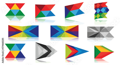 Various colorful geometric shapes arranged in a grid with reflections