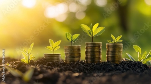 A green plant growing from a pile of coins on a sunny day with a blurred green background.
