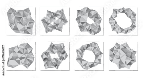 Eight abstract geometric shapes with triangular facets in gray tones shown