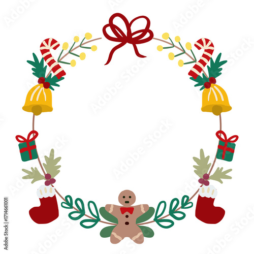 Christmas wreath frame with bow, bells, candy canes, stockings, gifts, gingerbread man, and festive decorations, holiday illustration