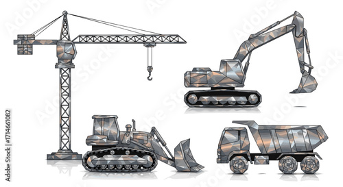 Illustration of construction vehicles including crane excavator bulldozer