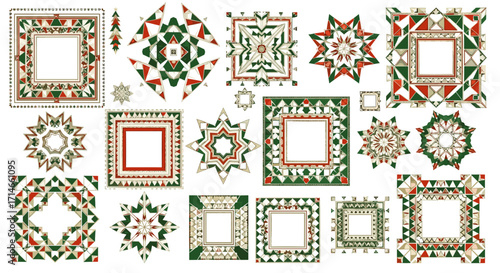 Collection of decorative frames and star shaped ornaments in red green