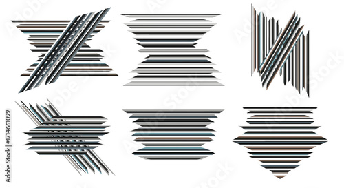 Six abstract shapes with horizontal stripes in varying configurations
