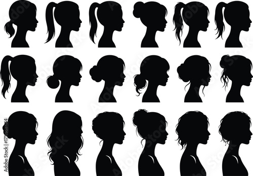 Female hairstyle silhouette collection, black woman head profiles, diverse haircuts, ponytail, bun, braid, curly, wavy, fashion beauty vector set