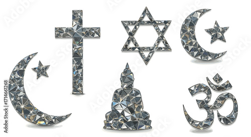 Religious symbols made of reflective geometric shapes on white background