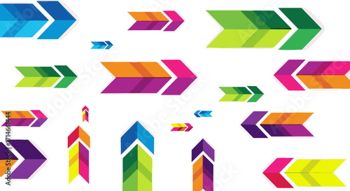 Colorful arrows in various sizes and orientations on a white background